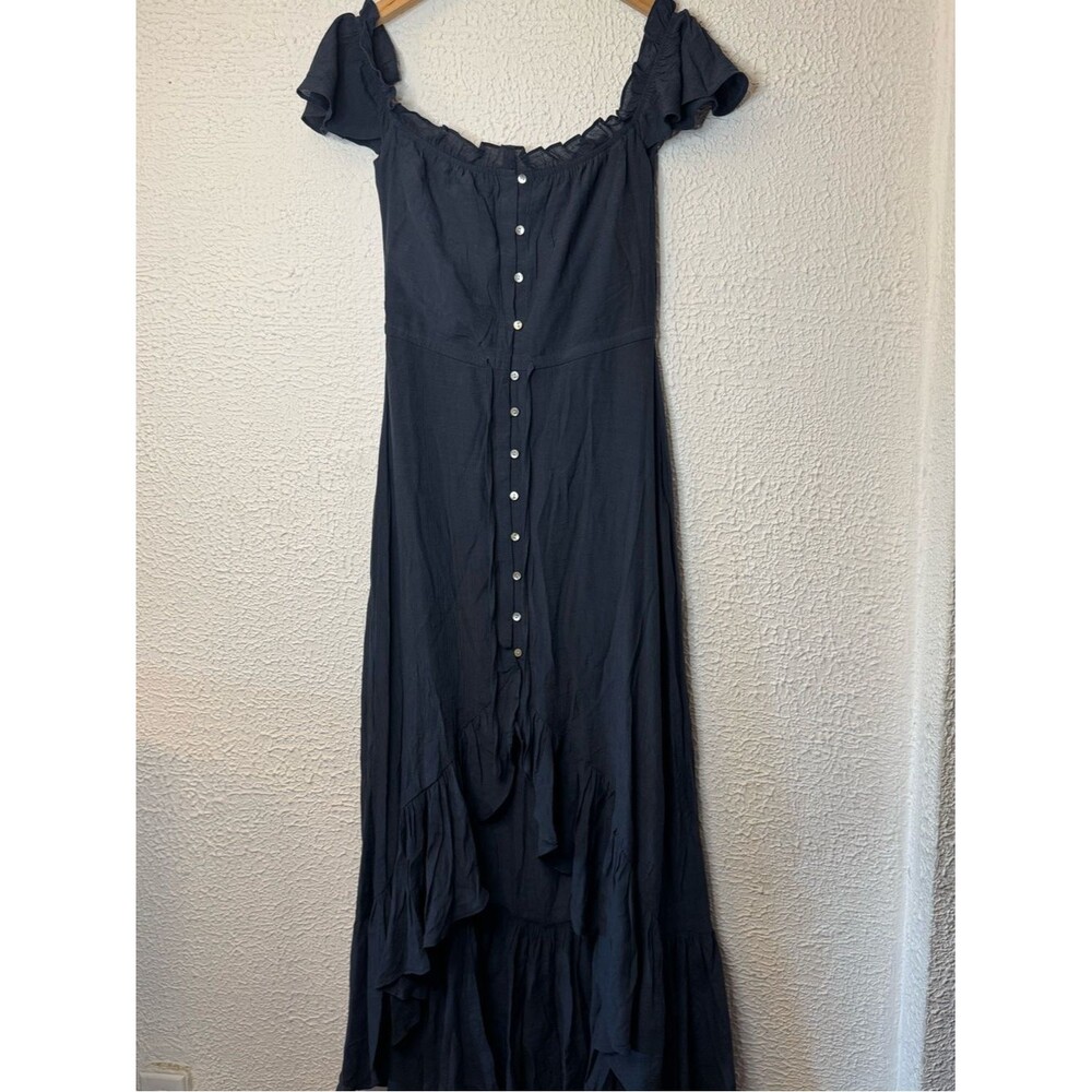 Off-Shoulder Navy Button-Front Maxi Dress